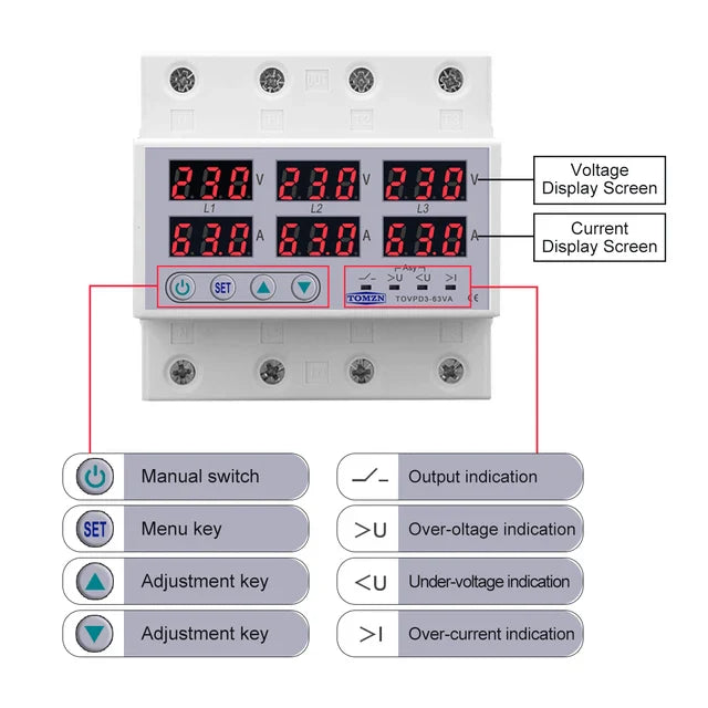Tomzn TOVPD3-VA 3Phase 4 Pole Voltage and Current Protector 63A