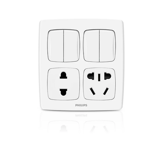 Philips Leafstyle 2 Double Gang 1 Way Switch + 2 Sockets