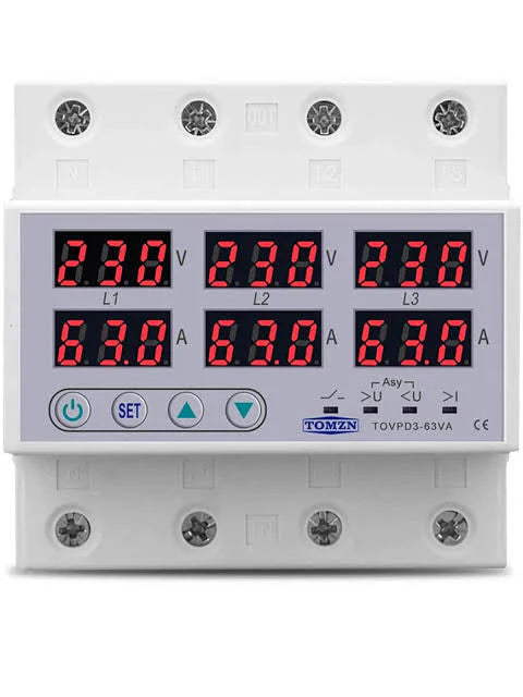 Tomzn TOVPD3-VA 3Phase 4 Pole Voltage and Current Protector 63A