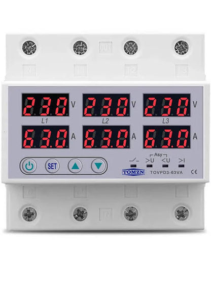 Tomzn TOVPD3-VA 3Phase 4 Pole Voltage and Current Protector 63A